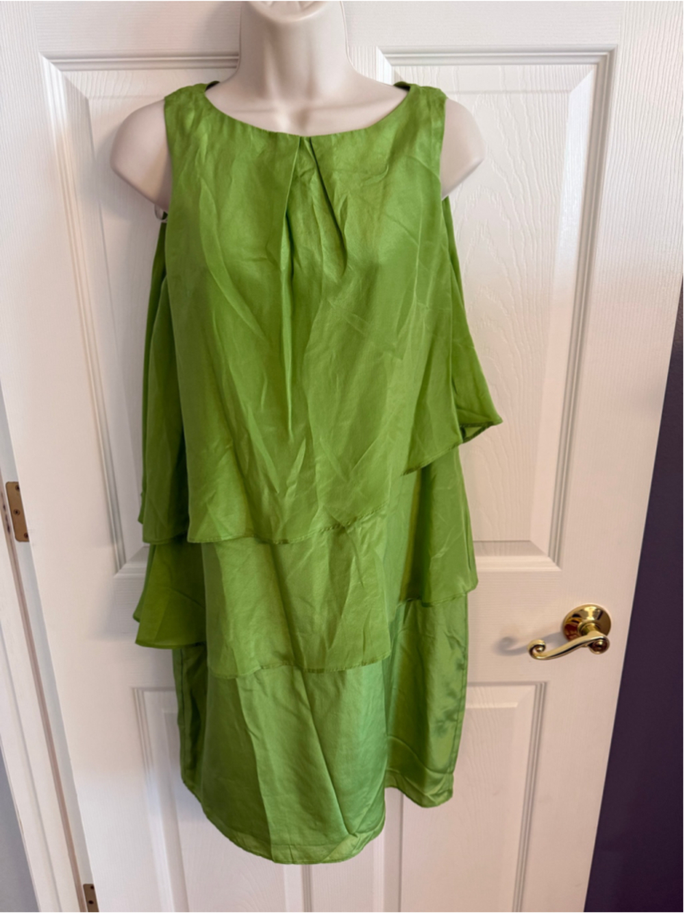 Julie Dillon NY 100% Silk Chartreuse Green Tiered Layered Midi Dress Sz 2 EUC